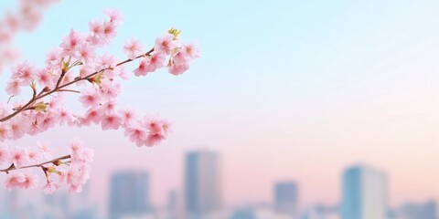 Canvas Print - A city skyline with a pink tree branch in the foreground. The pink color of the tree branch contrasts with the blue sky, creating a serene and peaceful atmosphere