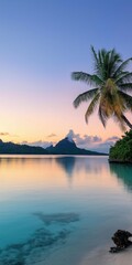 Wall Mural - A beautiful beach scene with a palm tree in the foreground. The water is calm and the sky is a mix of blue and orange hues