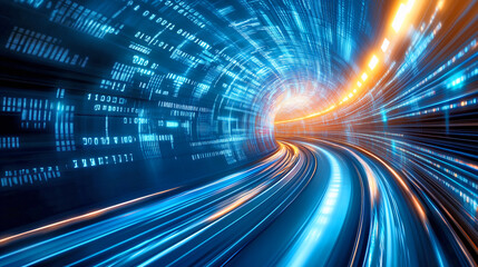 Wall Mural - bright blue and orange lights swirl and flow through a dynamic tunnel, creating a sense of speed and