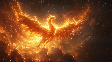 digital artwork of a phoenix reborn from technological debris with an electrifying glow