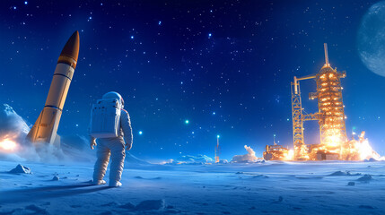 Wall Mural - an astronaut stands on the lunar surface, gazing at a rocket launching from a distant spaceport
