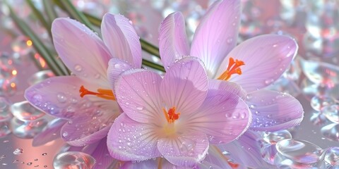 Sticker - Macro Shot of Purple Crocus Flowers with Water Droplets on a Soft Reflective Surface