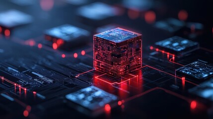 A glowing, red digital cube stands out among intricate circuit patterns, symbolizing advanced technology and innovation in computing.