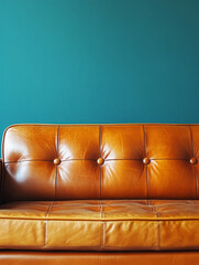 Wall Mural - Brown leather sofa against a teal wall