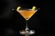 © whitestorm - Close-up of an exquisite amber martini with green olive garnish against a sleek dark backdrop, showcasing the elegance and sophistication of the classic cocktail.
