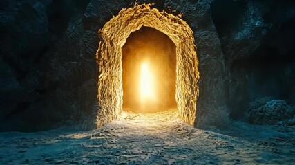 Wall Mural - mysterious cave entrance illuminated by a glowing light at dusk
