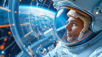 Wall Mural - astronaut observes earth from the international space station while floating in zero gravity during 