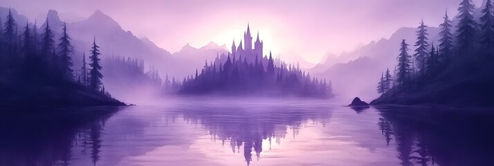 Poster - Purple Hues, Mysterious Castle Surrounded by Forest and Misty Water on a Dreamy Fairytale Morning