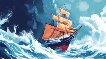 Wall Mural - Ai image. hard work of the sailors on ship during storm. Frozen Thunderstorms. Illustration