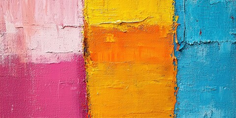 Wall Mural - A vibrant abstract painting featuring blocks of pink, yellow, orange, and blue colors, showcasing a textured surface that adds depth and interest.