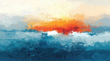 Wall Mural - A vibrant abstract painting depicting a sunset over the ocean, with hues of orange, blue, and white blending harmoniously.