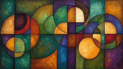 Wall Mural - A vibrant abstract composition featuring interlocking circles and shapes in rich hues of green, orange, purple, and yellow, creating a harmonious visual experience.