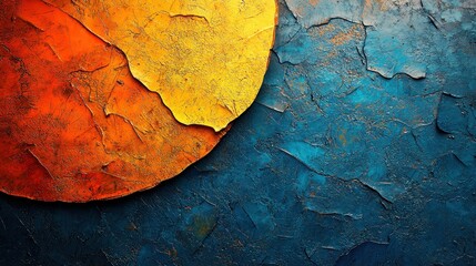 Wall Mural - A vibrant abstract artwork featuring a textured blue background contrasted by a bright orange and yellow circular shape.