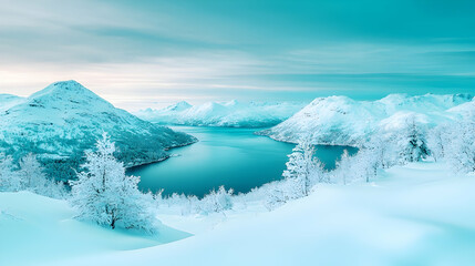 Snowy mountain fjord winter landscape