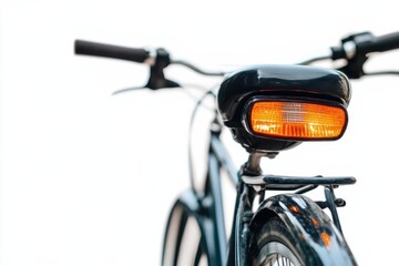 A close-up view of a vintage bicycle with a glowing orange reflector against a white backdrop isolated on transparent background