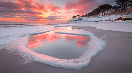 Pink sunset reflecting in icy beach puddle, snowy shore, trees