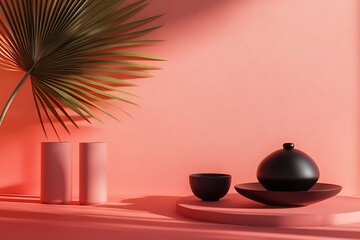 Wall Mural - Coral Pink Minimalist Still Life with Tropical Leaf