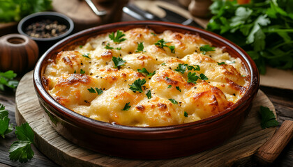 Wall Mural - Delicious homemade potato dumplings with cheese and herbs in a ceramic dish