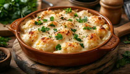 Wall Mural - Delicious homemade potato dumplings with cheese and herbs in a ceramic dish