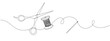 © Sviatlana - Continuous drawing of one editable line of scissors, thread spool and sewing needle.   Sewing accessories icon for needlework and tailor , in simple linear style.  Vector illustration.