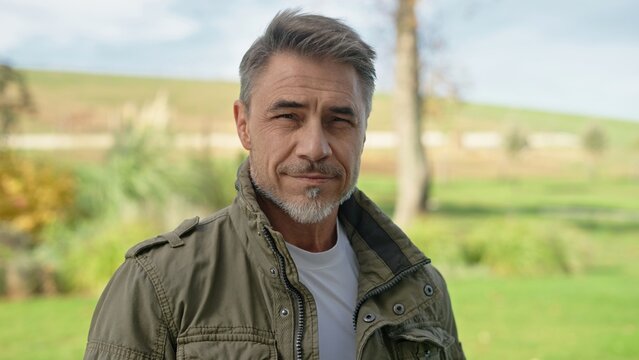 Fototapete -  - Confident mature farmer standing in ranch wearing casual jacket, smiling on sunny day in countryside. Portrait of mid adult handsome senior man with grey hair looking at camera, smiling.