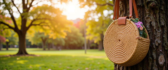 Woven straw handbag with colorful floral accents hanging from a tree branch, exuding a warm and inviting atmosphere, symbolizing a perfect blend of fashion and nature during spring sunshine