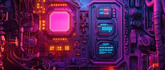 Wall Mural - An abstract neon cyberpunk purple technology banner wallpaper perfect for e-sports gaming