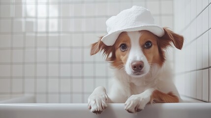 adorable dog in white towel hat bath time cute puppy pet animal happy clean fresh fluffy sweet frien