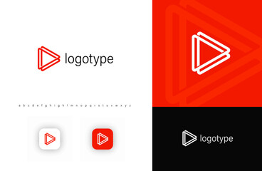 Aufkleber - Play button logo with layered geometric lines symbolizing media, motion, and digital progress. Ideal for streaming services, video platforms, tech startups, and online entertainment. Vector icon