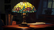 © Thiago - A close-up of a vintage lamp with a stained glass shade illuminating a desk. Electric Stained Glass. Illustration