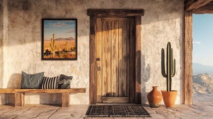 Wall Mural - Rustic interior design that incorporates southwestern accents, such as a wooden bench, cactus plants, and a desert landscape photo, adds warmth to a room