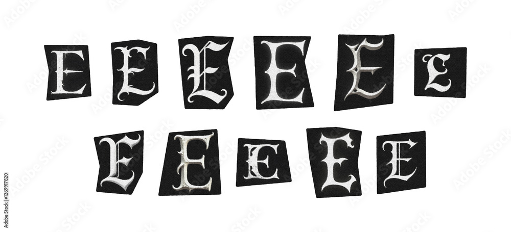 Gothic Ransom Letters letter E, set of cut-out symbol from magazines on a transparent ...