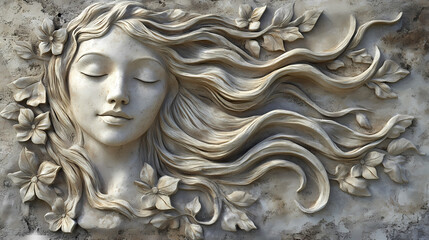 Wall Mural - Serene stone woman relief, flowing hair, floral background, wall art. Whispering Stone Faces. Illustration