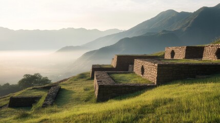 Wall Mural - Ancient ruins at dawn, misty mountains, South American archaeology, potential for travel or history articles