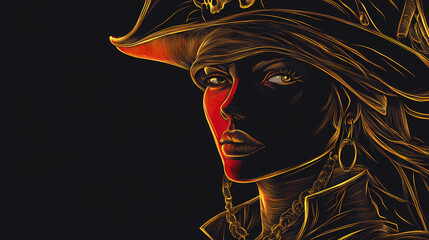 Wall Mural - Pirate captain woman, black background, fantasy and history concept. generative ai. Gilded Phantom Ships. Illustration