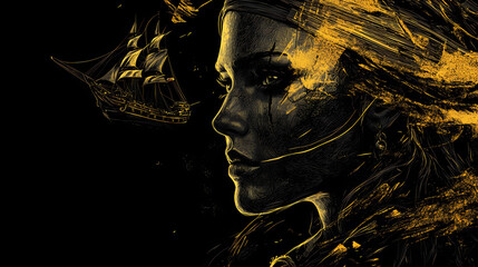 Wall Mural - Pirate captain woman, black background, fantasy and history concept. generative ai. Gilded Phantom Ships. Illustration