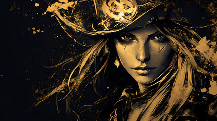 Wall Mural - Pirate captain woman, black background, fantasy and history concept. generative ai. Gilded Phantom Ships. Illustration