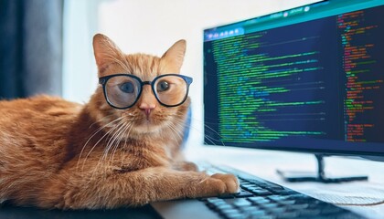 adorable ginger cat wearing glasses working on a software application with coding screen