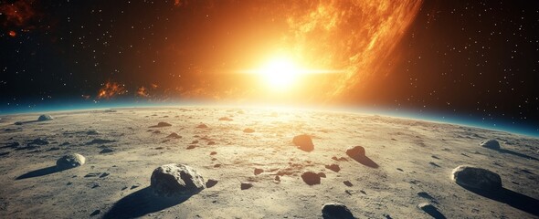 Wall Mural - in space, asteroids plummet onto a planet, while a belt of large metallic asteroids enters its atmos