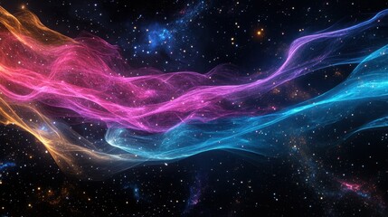A stunning cosmic scene featuring flowing strands of vibrant pink and blue nebulas against a backdrop of stars.