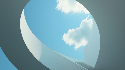 Aufkleber - Looking up through circular modern staircase opening to blue sky with clouds, symbolizing clarity, aspiration, vision, minimalism and contemporary design, Generative AI