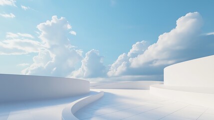 Fototapete - Futuristic white abstract buildings with curved shapes under blue sky and clouds, symbolizing serenity, innovation, architecture and dreamlike peaceful atmosphere, Generative AI