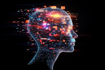 Poster - Abstract digital human head with data flow and bright pixels, representing artificial intelligence, technology, and futuristic thinking, Generative AI