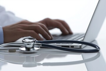 Fototapete - Healthcare professional coding on a laptop in a modern workspace, symbolizing medical technology, AI innovation, cybersecurity, and digital transformation in healthcare, Generative AI