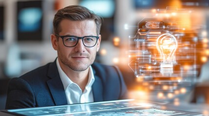 Poster - Confident businessman with digital glowing lightbulb, symbolizing innovation, intelligence, creativity, and futuristic leadership in modern technology-driven industries, Generative AI