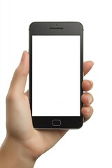 Aufkleber - Hand holding smartphone with blank white screen, isolated on white background, perfect for mockups, app presentations, and digital content design, Generative AI