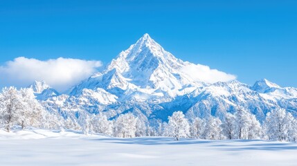 Snowy mountain peak, winter landscape, clear sky, snow-covered trees