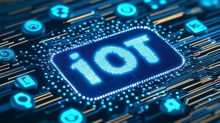 Aufkleber - Close-up of an IoT microchip on a circuit board, symbolizing smart technology, connectivity, automation, data processing, and the future of digital communication networks, Generative AI