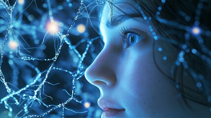 Poster - neural network with a human face, symbolizing artificial intelligence, cognitive evolution, neuroscience, and the deep connection between human and machine intelligence, Generative AI