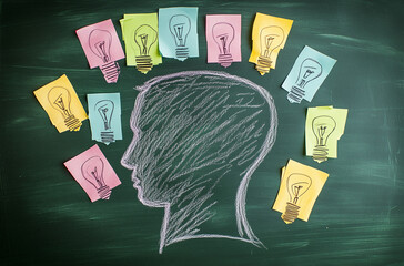 Chalkboard head silhouette with colorful sticky notes and lightbulbs, concept of creativity, brainstorming, and ideas